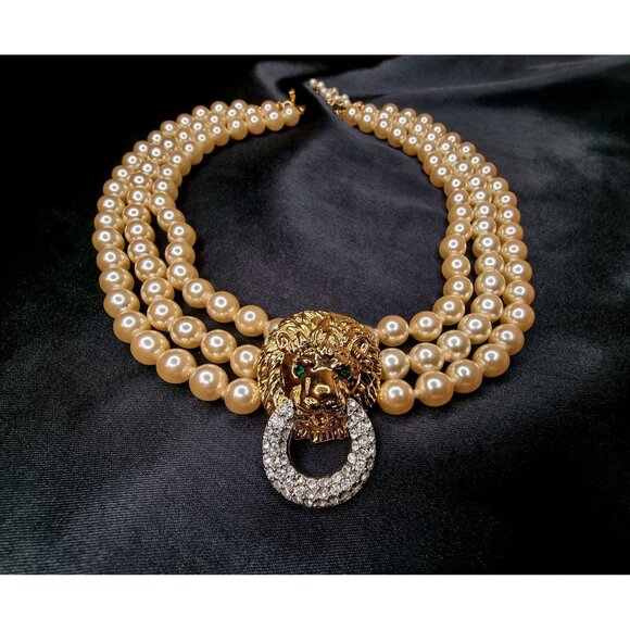 Rare Find Vintage KJL Triple-Strand Faux Pearl Necklace With Gold Lion Head & Rh - Picture 1 of 4